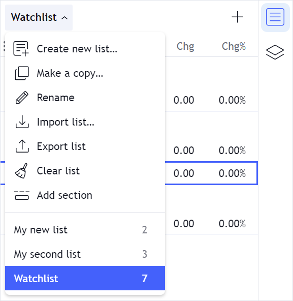Watchlist widget menu